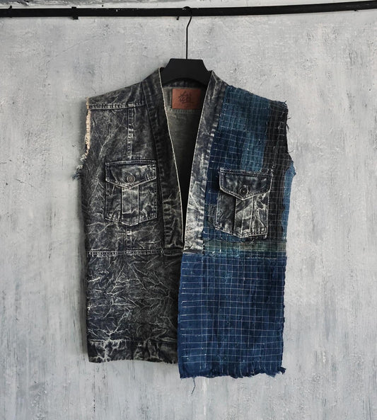 Front view of Washed Denim Boro Vest