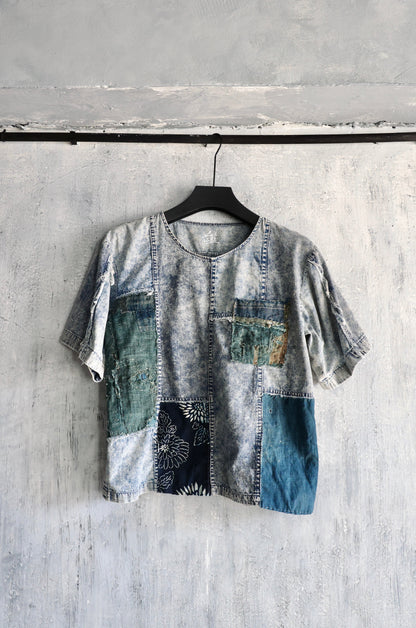 Front view of Washed Denim Boro Patchwork Tee