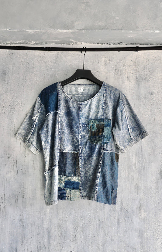 Front view of Washed Denim Boro Patchwork Tee